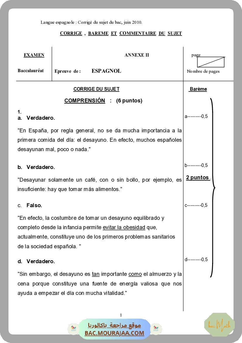 Corrigé principale  Bac 2010 – Section math